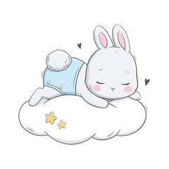 Vector illustration of cute white gray bunny, rabbit, hare sleeping on a cloud. Cute animal portrait in pastel colors. Stickers, wall art, baby shower, kids room decoration, easter decoration, print.