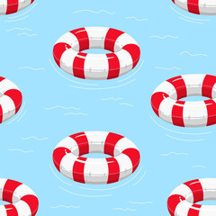 Pattern of striped rubber pool rings. Swim rings in flat style on blue background. Swimming in pool with rubber circles, summertime water activities. Rubber toy for water and beach vector illustration
