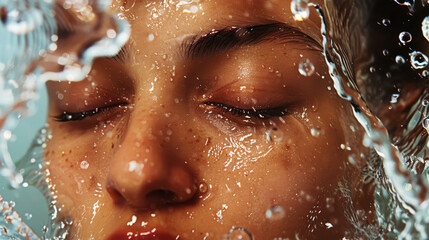 Fototapeta premium Aesthetic young woman face with closed eyes and splashing water, moisturizing concept, beauty advertising. Generative AI