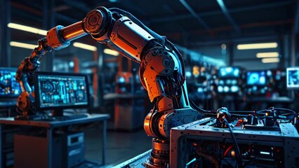 A robotic arm in a factory setting. The arm is holding a circuit board. - Powered by Adobe