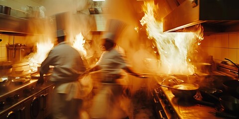Dynamic Culinary Scene in a Fiery Professional Kitchen Setting