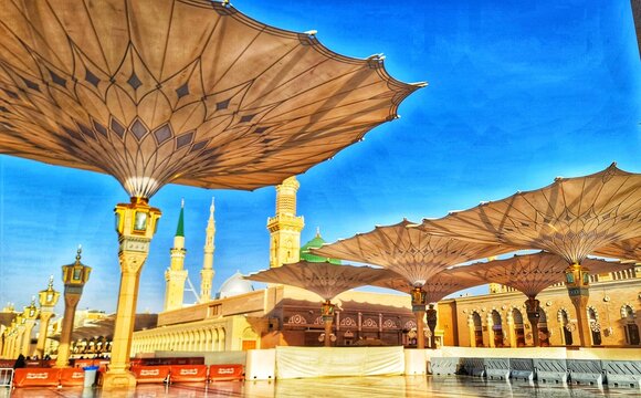 Medina, Saudi Arabia on March 2, 2024. Point of view of an Umrah or Hajj pilgrim walking in the courtyard of the Nabawi Mosque
