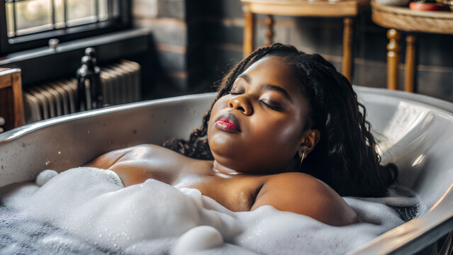 Plus size black woman takes a relaxing bubble bath. Selective focus. - Powered by Adobe