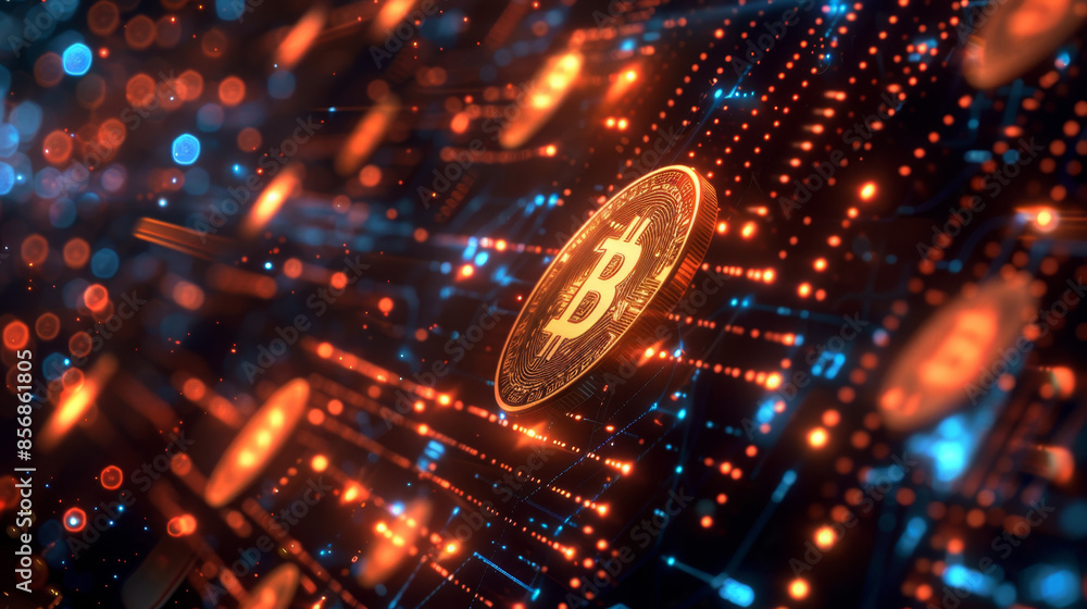 Poster innovative design with glowing circuits and data streams of various cryptocurrency symbols in a dark