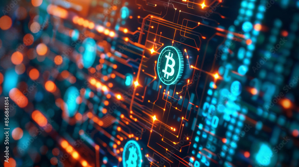 Aufkleber modern design with cryptocurrency symbols, glowing circuits, and data streams in digital space.
