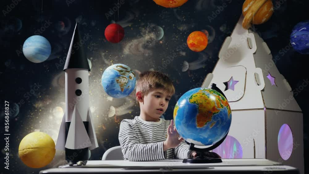 Wall mural a boy in a striped sweater sits at a table and spins a globe. next to him is a model rocket, and in 