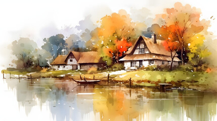 Fototapeta premium Charming Cottages Watercolor Style