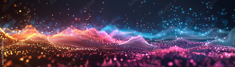 Poster intricate network visualization of big data points and connections in vibrant colors against a dark 