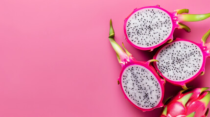 Fresh, vibrant dragon fruit halves on a bright pink background. Ideal for food, health, and nutrition stock imagery.
