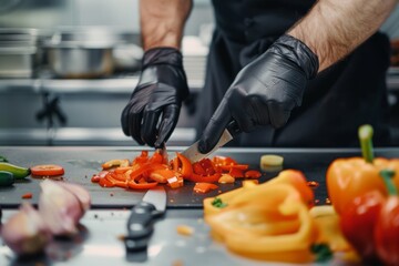 Chef Cutting Paprika Chef in black latex gloves cutting vegetables in his kitchen in restaurant