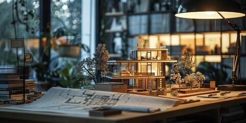 Architectural Workspace with Scale Model House and Blueprint