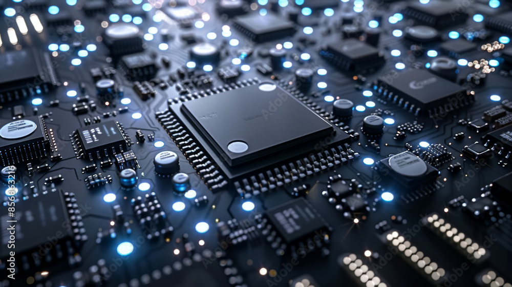 Poster sleek modern computer chips with intricate details, illuminated by soft lights