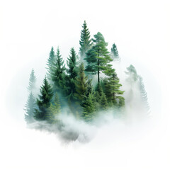 Fototapeta premium Misty forest with tall evergreen trees shrouded in fog, creating a serene and mystical natural landscape.