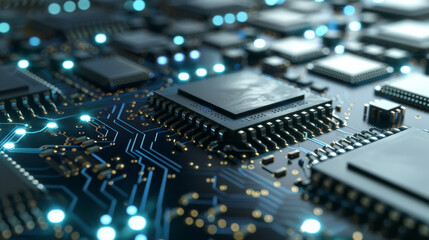 Array of modern computer chips glowing in blue and white lights on sleek black surface, intricate details, advanced technology atmosphere.