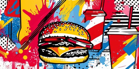 Pop Art Burger with Colorful Drinks and Background Elements