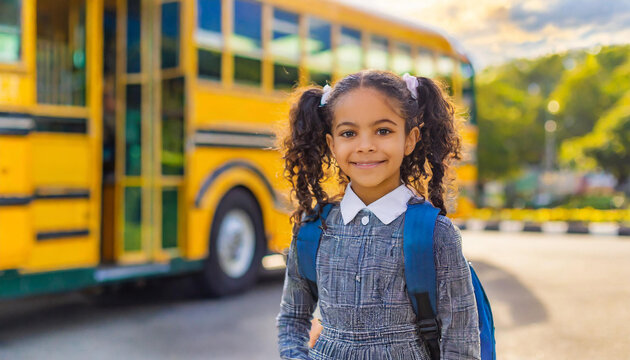 girl schoolgirl close up on blurred background of school bus. back to school September, knowledge day, junior high school, class, schoolchildren, students - Powered by Adobe