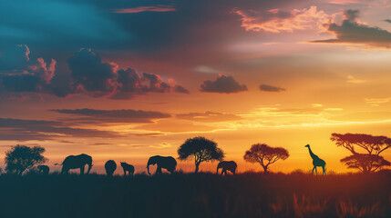 silhouette of African wildlives in sunset 