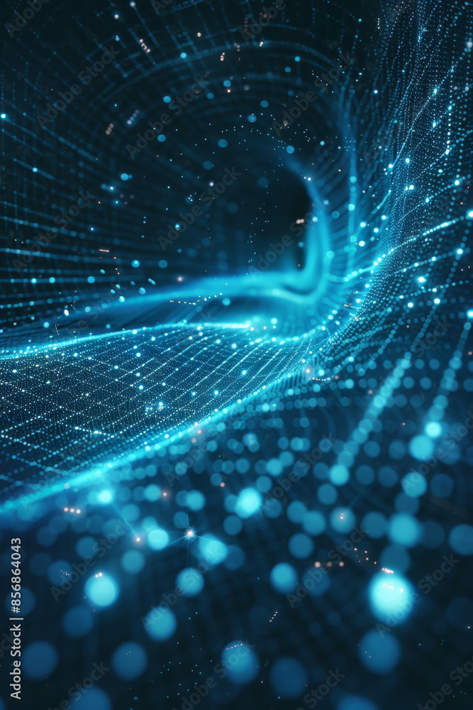 Poster dynamic digital grid with flowing data streams in cool blue tones on black background.