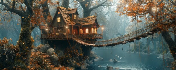 Fototapeta premium Artistic treehouse with a suspension bridge.