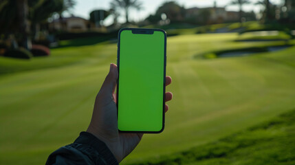 Golfer holding smartphone mockup with green screen on golf course.
