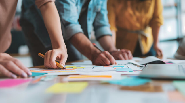 Close-up of a creative brief being discussed by team members, colorful highlights and notes, upper third copy space