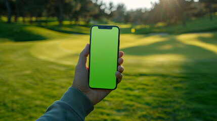 Golfer holding smartphone mockup with green screen on golf course.