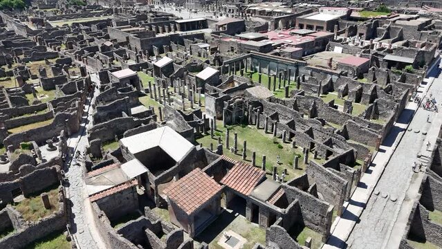 aerial view of Historic streets of Ancient roman city of Pompeii Italy on the shadow of Mt Vesuvius