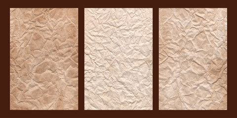 Collection of old parchment vintage three paper set with a glowing and Brown crumpled wet craft texture grunge vignette copy space empty background.