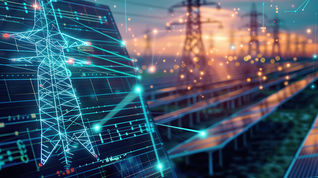 The digital computer display showed a grid of blue digital lines and green icons on it. In the background was an electric power station surrounded by solar panels