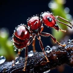 red ant, red ant with water droplets
