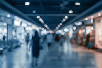 Abstract blur shopping mall interior and retail store for background in blue color