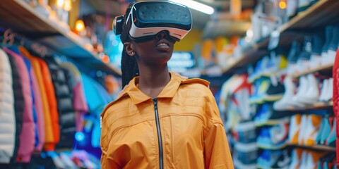 Obraz premium African American female wearing virtual reality goggles for internet shopping, browsing trendy seasonal athletic goods and purchasing from a simulated online shop using augmented reality.
