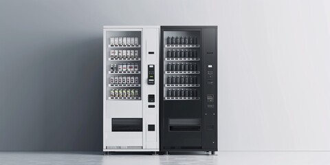 Monochromatic vending machine with snacks and beverages, displaying an empty automated store concept in a 3D rendering.