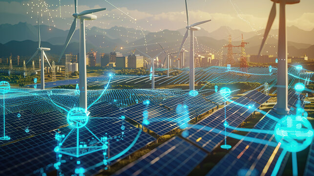 The digital computer display showed a grid of blue digital lines and green icons on it. In the background was an electric power station surrounded by solar panels