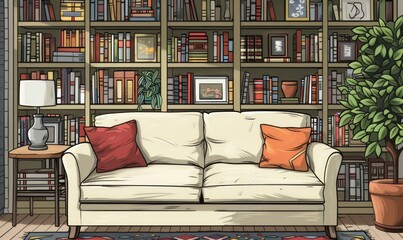 Cozy living room with an empty bookshelf