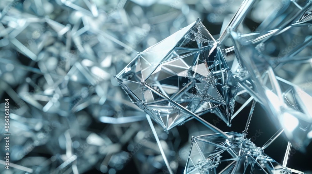 Poster a complex web of interconnected geometric crystals hinting at a futuristic world.