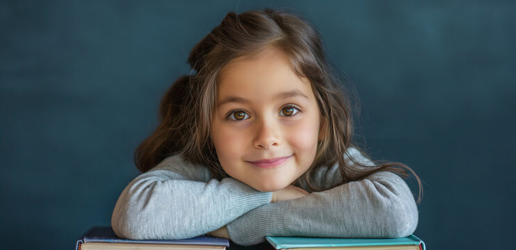 A cute little girl in a gray sweater with books, smiling and posing for a back-to-school portrait. - Powered by Adobe