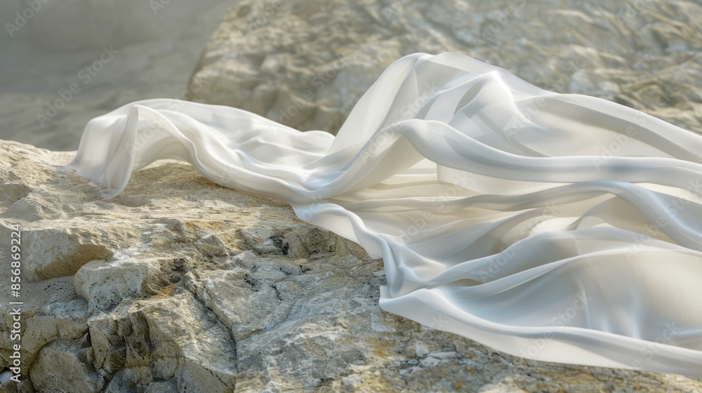 Poster the gentle movement of fabric on the solid stone creating a delicate balance.