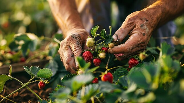 A farmer's hands picking strawberries from the garden.