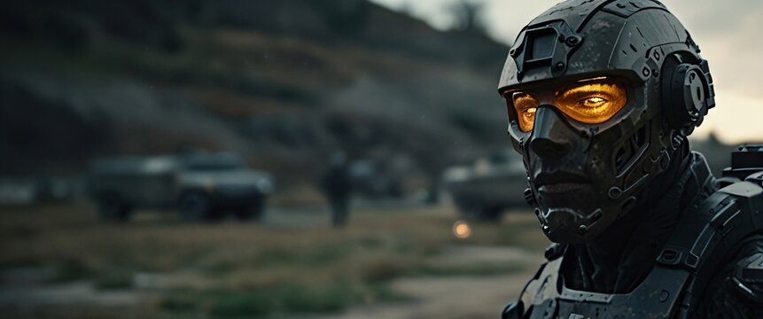 cyborg soldier fighting in a warzone movie story seen trail cam footage, rear view, wide angle shot, a striking contrast against the soft, blurred background, with a digital interface overlaid