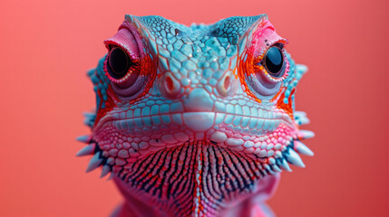 Fototapeta premium Close-up of a bearded dragon reptile looking into the camera against a pink background, pet studio photography