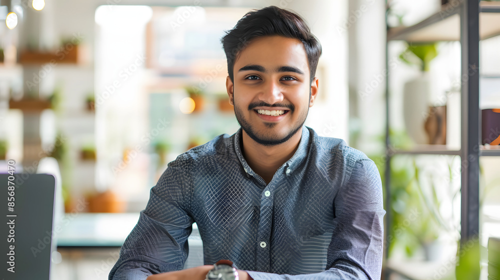 Canvas Prints Portrait of a young Indian man in a shirt sitting smiling at a desk in the office and looking confidently at the camera