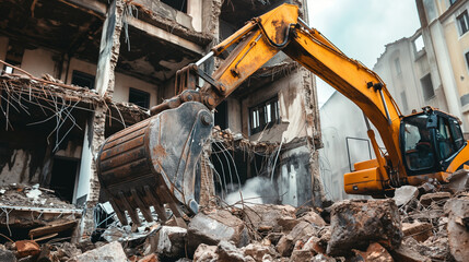Fototapeta premium Excavator equipped with hydraulic hammer breaking concrete in urban construction zone