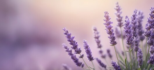 bunch of lavender flowers on a lilac background. Summer, spring nature backdrop, banner with copy space