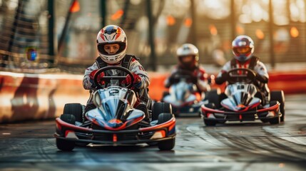 A young racer leads the pack in a go-kart race