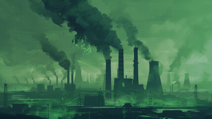 Greenwashing concept image. An industrial zone with green color tones