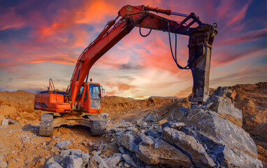 Excavator jackhammer for demolition. Excavator hydraulic breaker hammer for concrete destruction,...