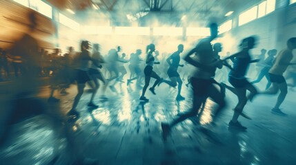 Blurry outlines of participants engage in an indoor bootcamp challenge.