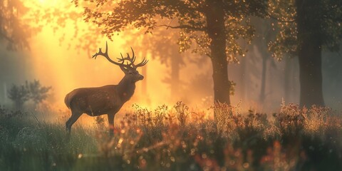 Majestic Deer in Enchanted Forest at Sunrise with Golden Light and Mist