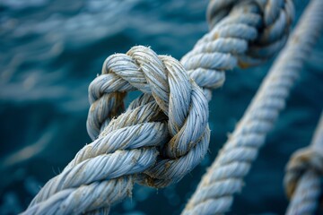 Fototapeta premium Weathered nautical ropes in the port. Tattered boat line. Large maritime grimy worn-out white cords close up. Chosen ropes in focus. Detailed grime pattern on aged ropes.